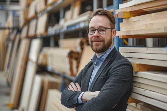 salesperson wood store lumber shop cinfident male pose building friendly smile portrait professional  Woodworking Supply DIY timber happy smile glasses shelves wooden product utility jacket carpenter