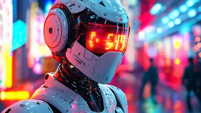 A futuristic robot with a digital visor stands in a neon-lit city.