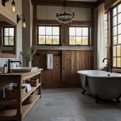 A rustic bathroom with a clawfoot tub, a wooden vanity, and large windows.