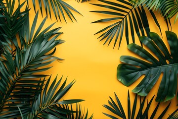 Obraz premium Green palm leaves on a yellow background