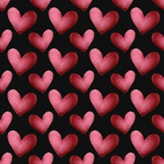 Repeating pattern of pink watercolor hearts on a black background in a creative design layout