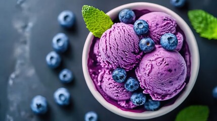 Creamy Blueberry Ice Cream with Fresh Mint Leaves