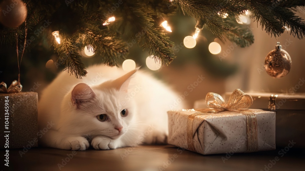 Poster a white cat lays under a christmas tree with lights strung on the branches. there are two wrapped pr