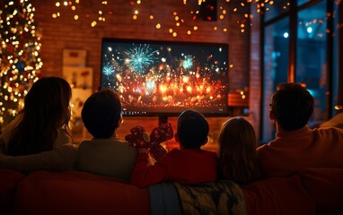 Obraz premium Family Watching Fireworks Display on TV Together at Cozy Christmas Evening