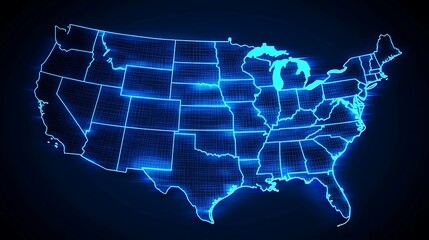 Neon USA Map: A vibrant and futuristic representation of the United States, depicted in a captivating neon blue outline. The map glows with energy and dynamism.