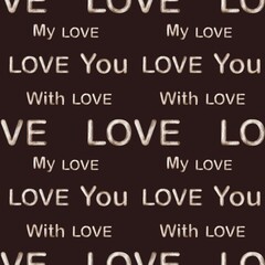 A decorative background design featuring repeated love-themed words on a dark surface