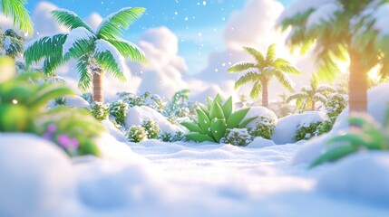 Obraz premium Tropical oasis under snowy blanket with sunlit palm trees and blue sky