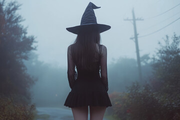 Halloween witch, girl in black dresses pose elegantly,Generated By Ai