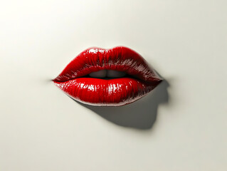 Obraz premium Close-up of glossy red lips floating against a minimalist white background, creating a bold and striking visual with high contrast