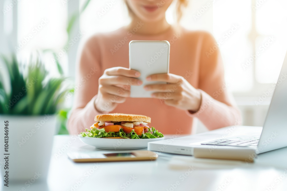 Wall mural woman taking photo of sandwich while working on laptop at a bright table with blurry background.