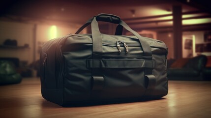 A black travel bag on a wooden floor with a blurry background