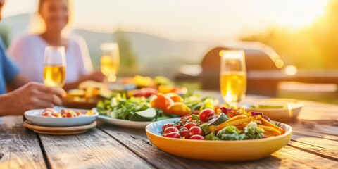 Outdoor dining with colorful salads and drinks on a wooden table during sunset.