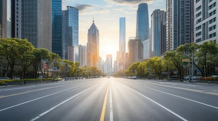 Vibrant Cityscape at Sunrise with Clear Road