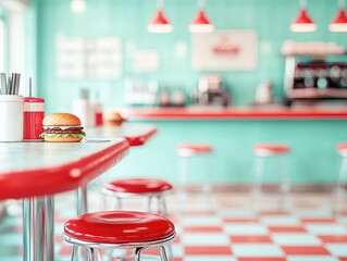 Vintage diner interior with red accents and a delicious burger on the table with blurry background.