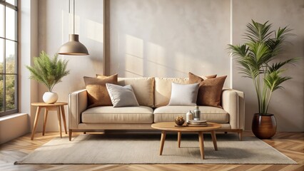 Cozy Minimalist Living Room with Brown Pillows on a Beige Sofa for Interior Design Inspiration, Home Decor Ideas, and Relaxing Spaces in Modern Aesthetics