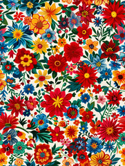 seamless pattern repeated vibrant floral flower bold red yellow bloom white background hand drawn decorative blue lively bouquet full retro vintage daisy sunflower rose peony wildflower grass leaves