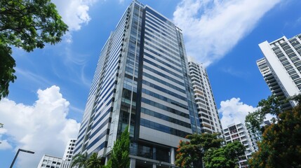 Modern Skyscraper Building with Green Landscaping and Blue Sky