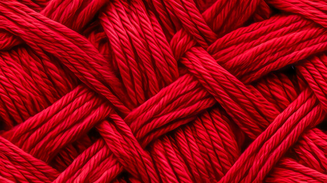 A detailed close-up of thick red ropes intricately woven together, creating a textured pattern with rich color and depth