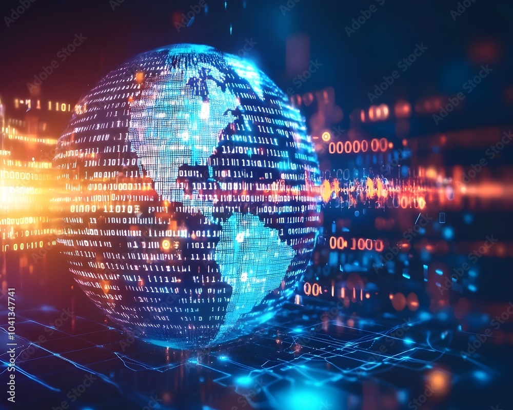 Poster digital globe with binary code symbolizing global connectivity and technological innovation