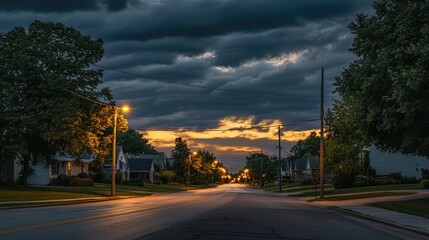 Fototapeta premium Serene Sunset Over Quiet Neighborhood Street
