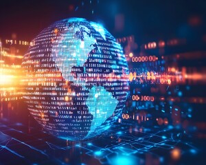 Obraz premium Digital Globe with Binary Code Symbolizing Global Connectivity and Technological Innovation
