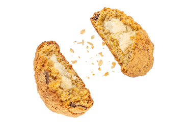 homemade oat cookies filled with cheese isolated on white background, Levitation of oat cookies in the air