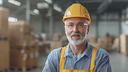 Experienced warehouse manager smiling in busy distribution center with yellow hard hat and safety gear
