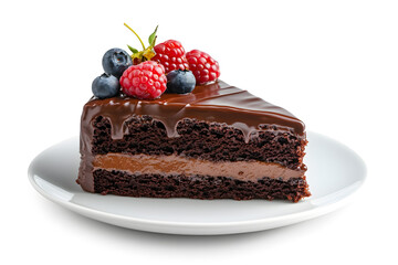 Chocolate cake slice with delicious glaze and berries on a white plate isolated on white background