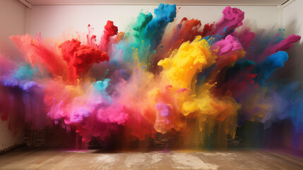 A vibrant explosion of colorful powder fills a white room, multicolor powder explosion, holi color explosion