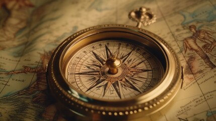 Antique Compass on a Vintage Map