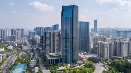 Fototapeta premium Modern Skyscraper Building with Green Landscaping and Blue Sky