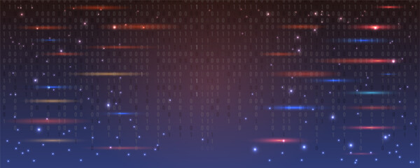 Abstract background with binary code, glowing red-orange lines and flashes of light. Website template, presentation