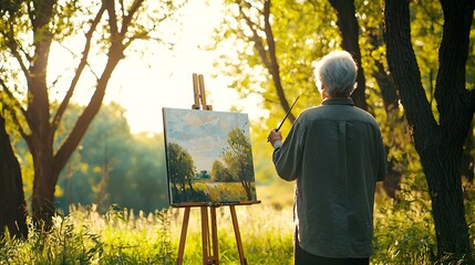 Retired Painting Serene Landscape in Nature Pursuing Creative Passions in Retirement