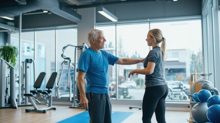 Obraz premium A physical therapist guiding a patient through a rehabilitation exercise using resistance bands in a modern therapy center, with exercise equipment and instructional posters visible, Engaging style