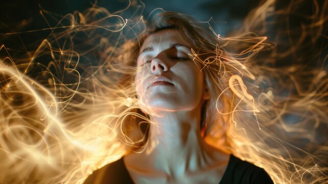 woman portrait with energetic smoke arround her hair