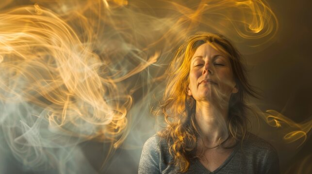 woman portrait with energetic smoke arround her hair