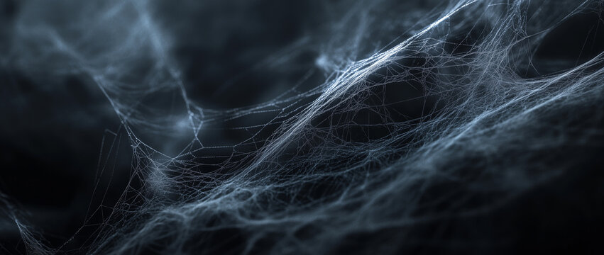 Close-up shot of delicate spider webs with fine details against a dark, moody background, showcasing the intricate natural design and texture of the web strands
