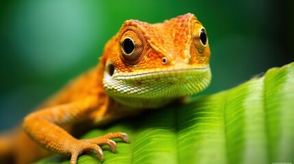 Orange Lizard on a Green Leaf