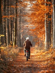 Fototapeta premium Retiree Cycling Through Autumn Woodland Path Enjoying Nature in Golden Retirement