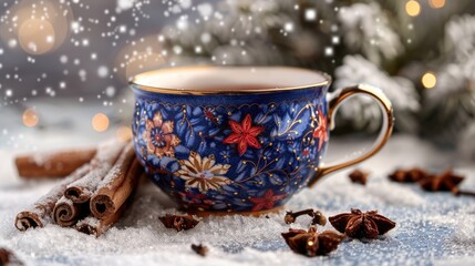 Fototapeta premium christmas cup of tea in winter concept background