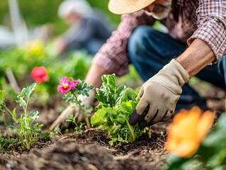 Fototapeta premium Retired Gardener Enjoying Community Farming Project with Lush Vegetation