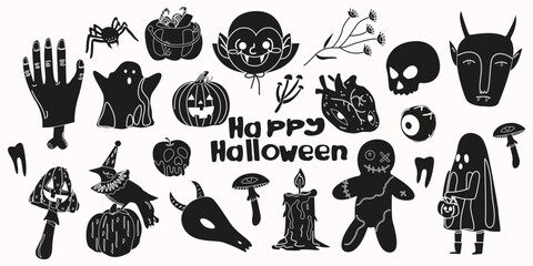 Obraz premium Cute hand drawn retro Halloween black and white stickers. The holiday of the dead. Scary groovy vector flat set of silhouettes. Spooky elements for scrapbooking, cards and posters