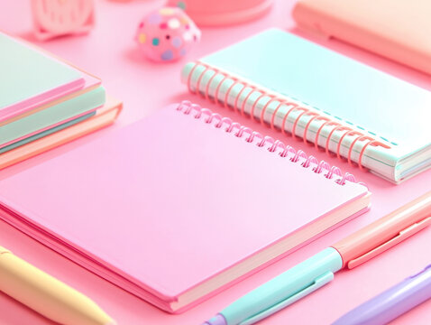 Colorful stationery arranged on a vibrant pink surface. - Powered by Adobe