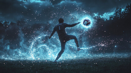 Naklejka premium A Football Kicker in Mid-Action, with a Glowing Football Leaving a Trail of Stars 