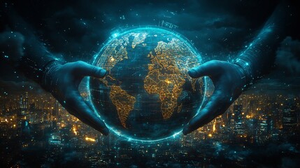 Visual of globe surrounded digital handshakes and networking nodes representing international partnerships global collaboration and unified business growth strategies