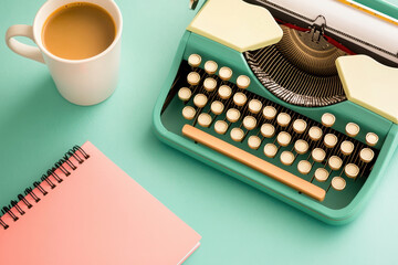 Vintage typewriter, notebook, and coffee on a pastel-colored surface.