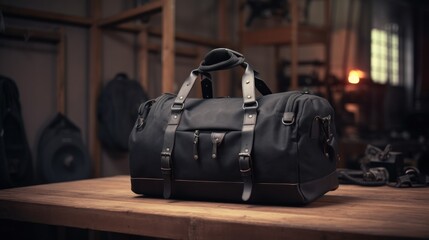 Black Leather Travel Bag on Wooden Table