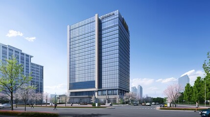 Naklejka premium Modern Skyscraper Building with Green Landscaping and Blue Sky