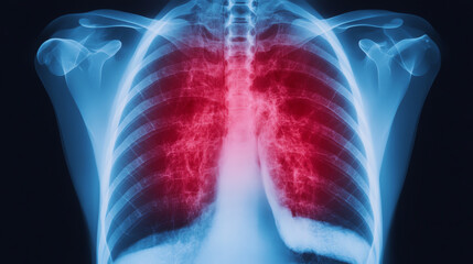 An X-ray image showcasing the detailed structure of human lungs, highlighting areas of interest with intense coloration against a dark backdrop.