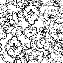 Floral lace embroidery exotic orchid rose traditional flowers and leaves, folk ethnic stylized. Hand drawn ink vector illustration. Seamless banner isolated on white. Design scrapbooking, wallpaper.